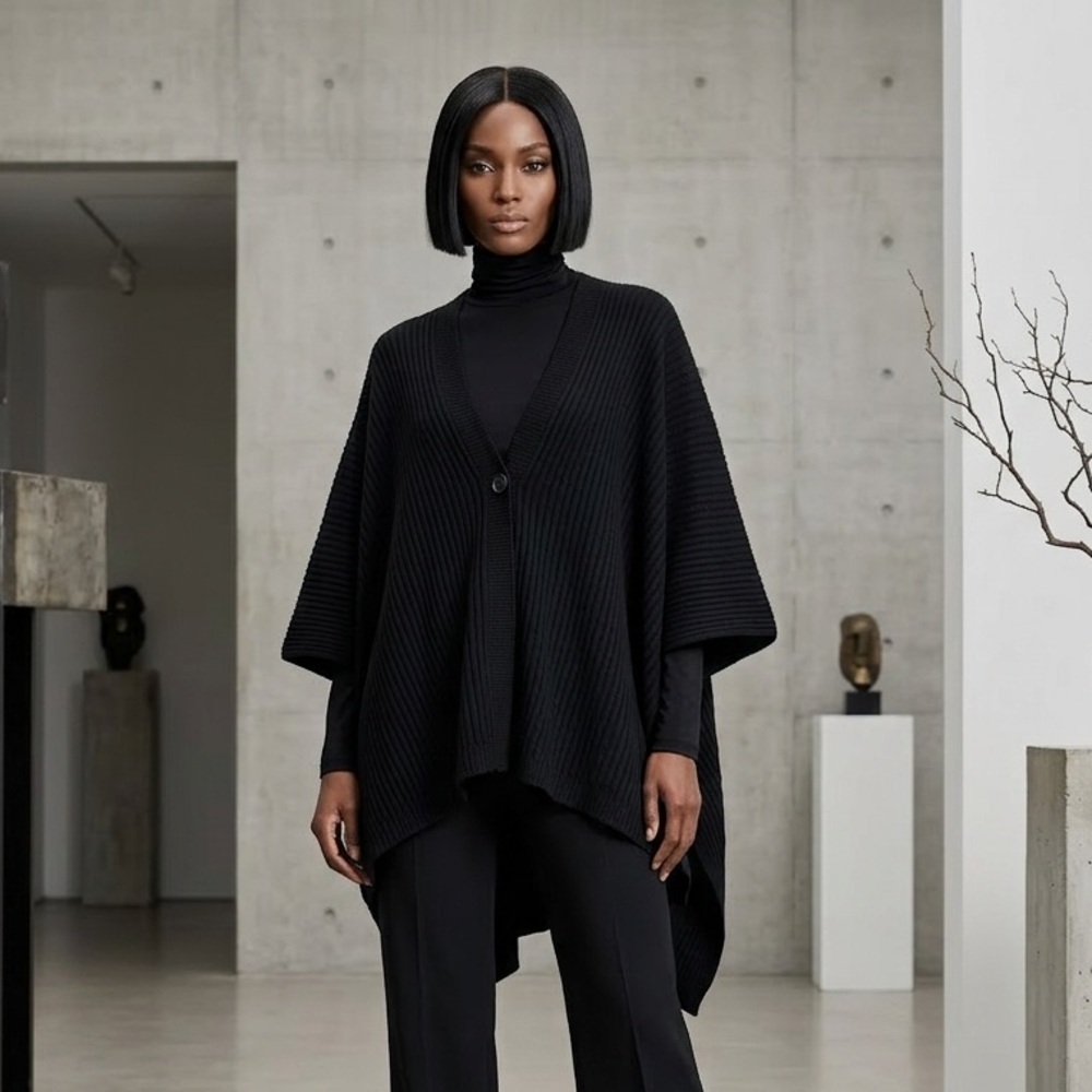 NWT Time and Tru Soft Black Ribbed Knit Button Poncho Shawl OS